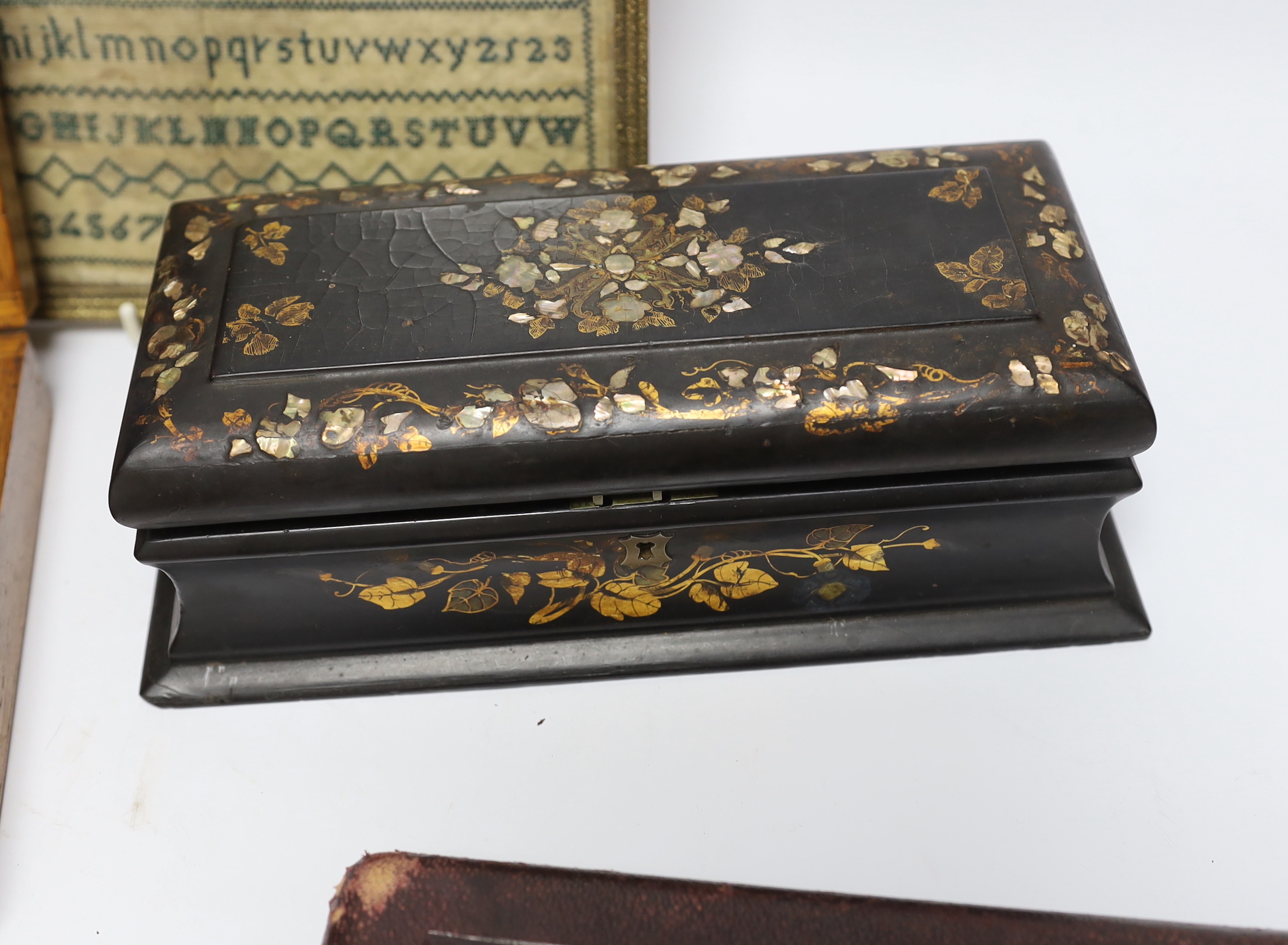 Sundry items and collectables including telescope, drawing sets, an alphabet sampler and an inlaid lacquered box, largest 51cm in length